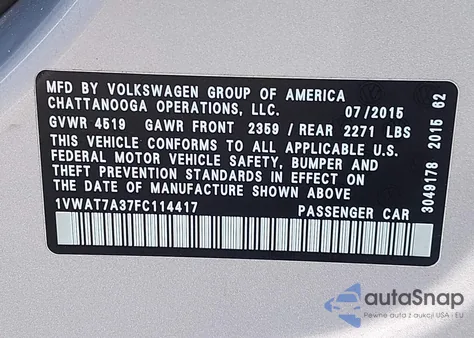 2015 Volkswagen Passat 1.8T Limited Edition z USA, uszkodzony, nr VIN 1VWAT7A37FC114417